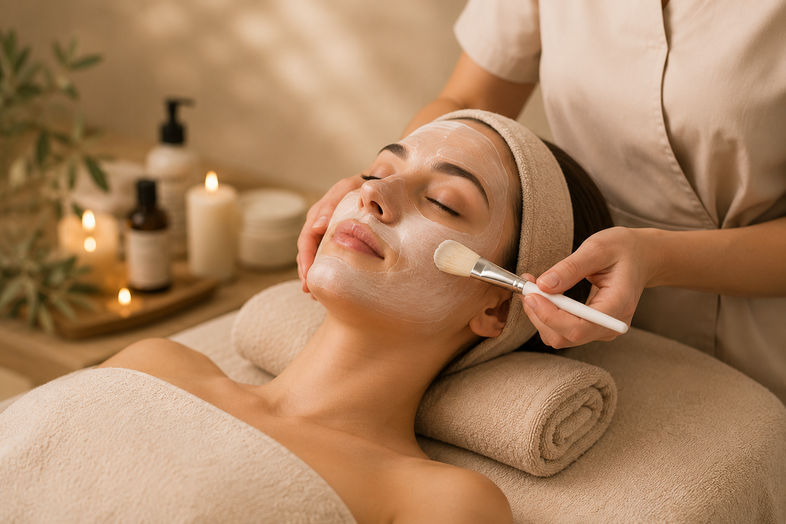 A lady laying on a bed getting a facial